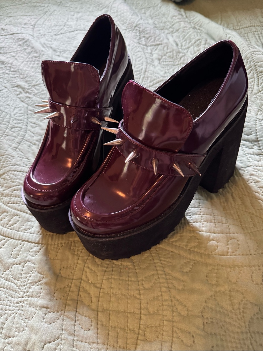 Platform Chunky Heel Loafer in Patent Wine with spikes